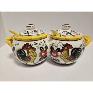 Early Provincial Rooster And Roses Ucago Jam Jelly Pots W/ Spoons Hand Painted